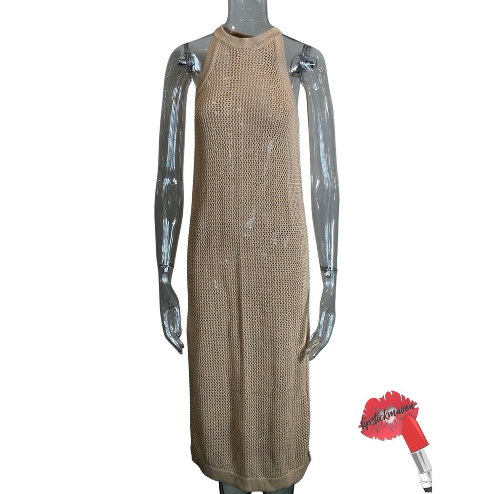 O'Neill Knit Beach Halter Dress Women Large Tan Crochet Spring Break Summer Boho